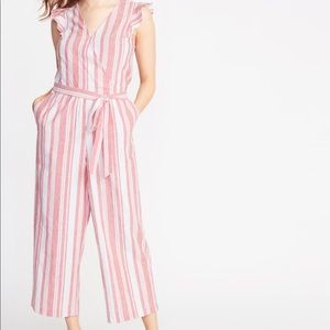 Faux-Wrap Tie-Belt Linen-Blend Jumpsuit for Women